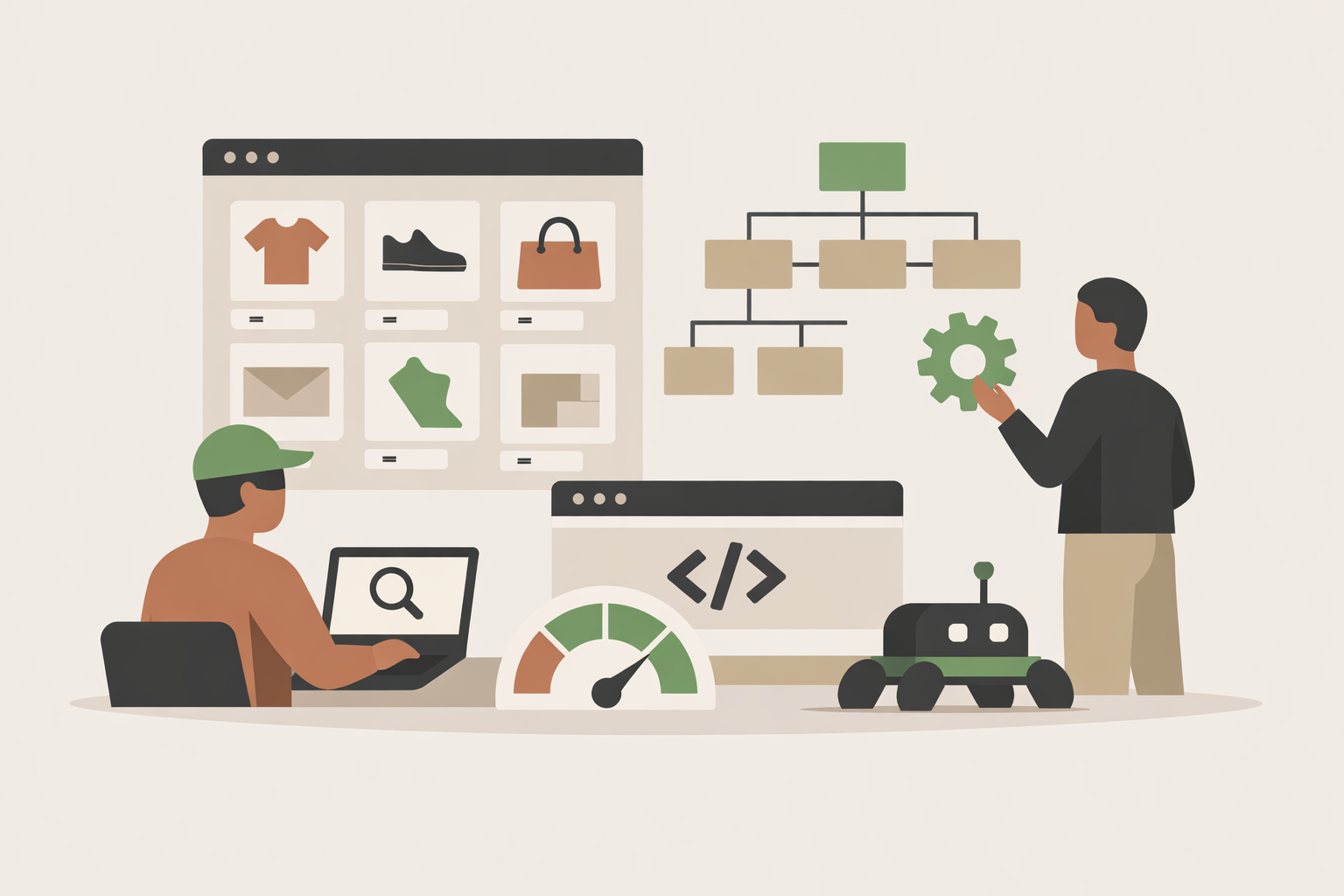 Shopping cart interface with product catalog grid showing structured URLs, schema markup, and site speed optimization icons