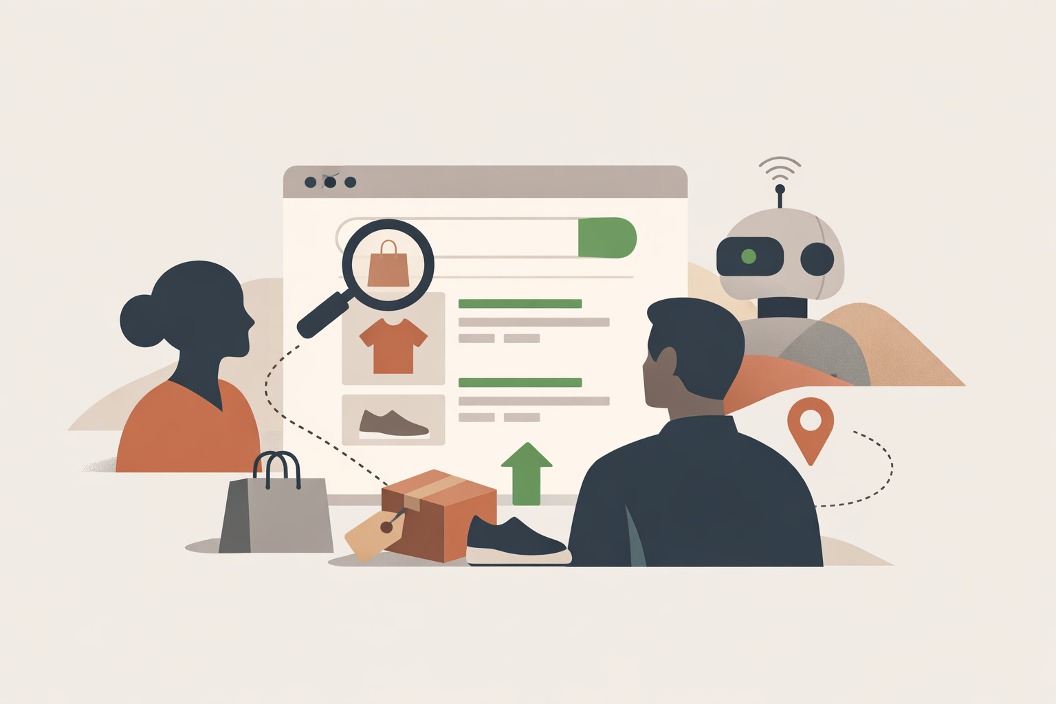 Magnifying glass over a laptop screen displaying ecommerce product pages with AI and SEO icons overlay