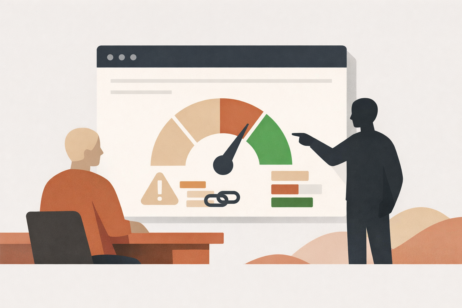 Blogger reviewing website metrics and risk score dashboard before accepting a guest blogging SEO submission