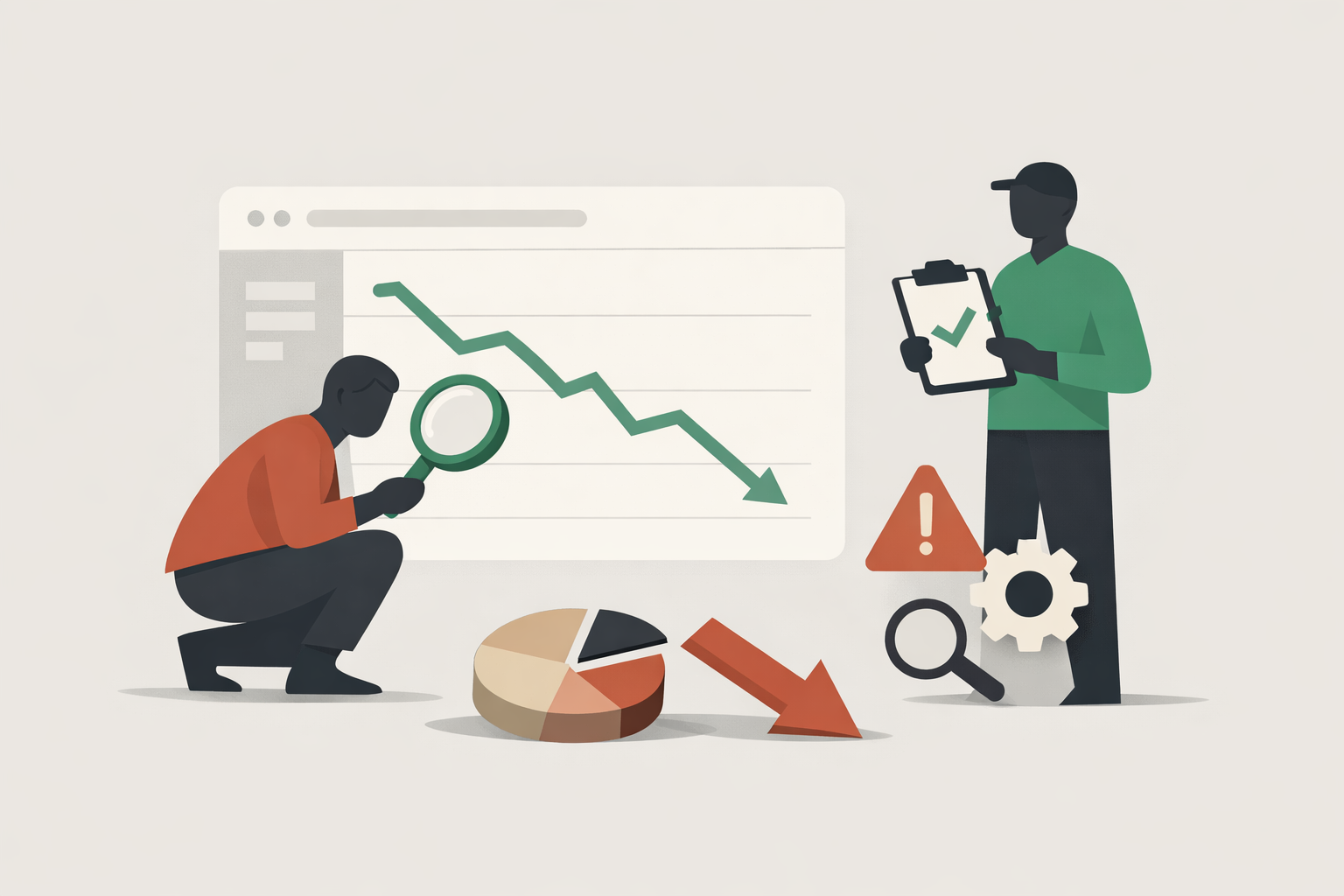 Engineer reviewing organic traffic drop on analytics dashboard with declining graph and SEO checklist on screen