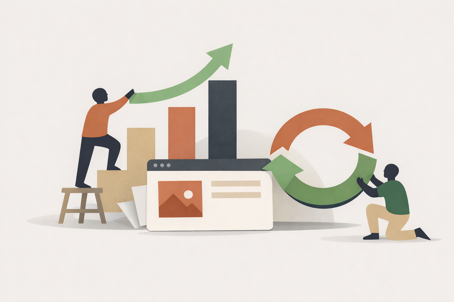 Marketer updating old blog posts on laptop with rising organic traffic graph on screen showing SEO growth