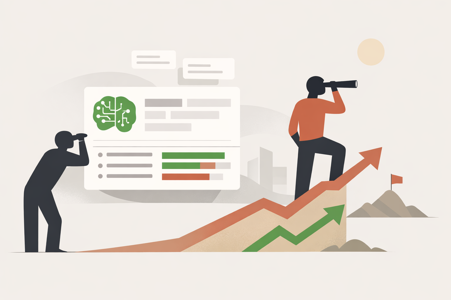 Magnifying glass over rising green analytics chart with AI brain icon symbolizing organic traffic boost in 2026 search landsc