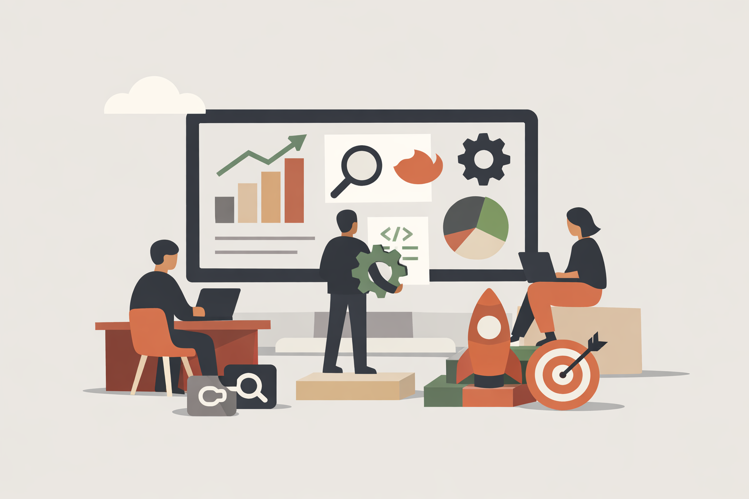 Semrush dashboard displaying SEO automation tools including keyword research, site audit, and analytics for marketing teams