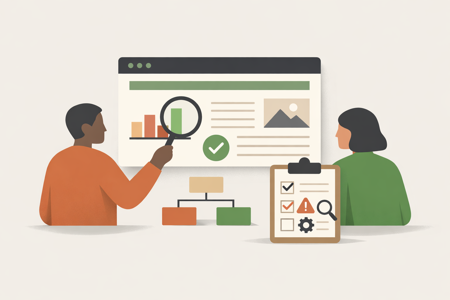 Checklist and magnifying glass over a webpage layout highlighting on-page factors SEO audit elements