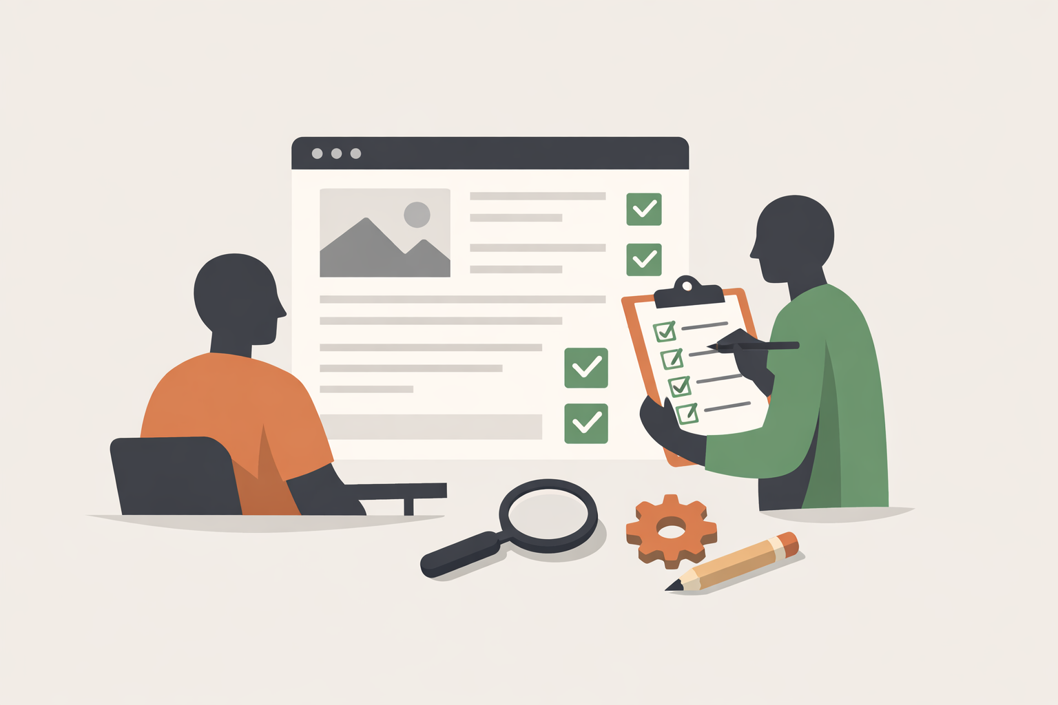 Checklist clipboard with SEO on page optimization tasks marked complete before publishing a webpage