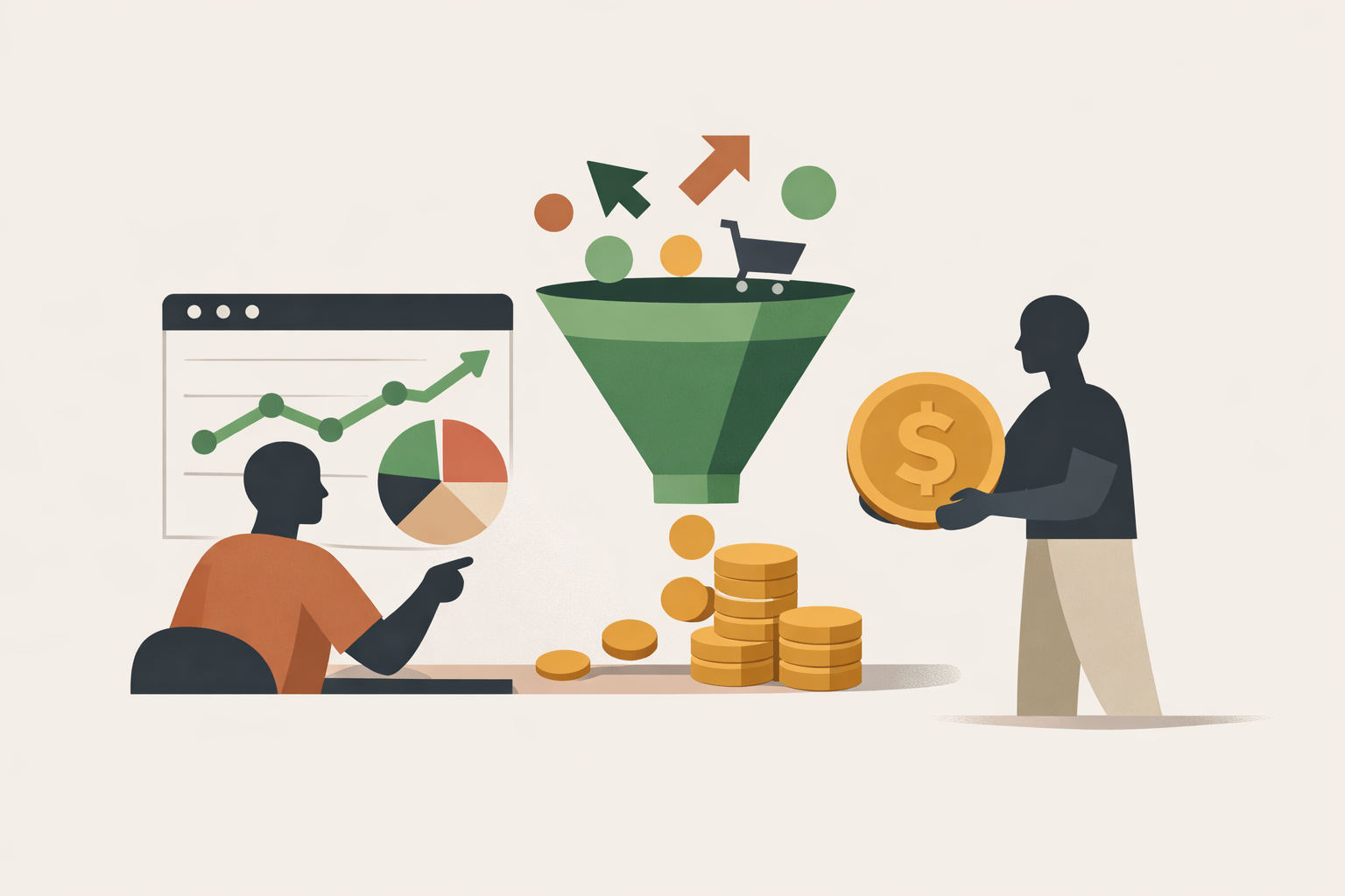 Marketer analyzing organic traffic check dashboard on laptop, reviewing conversion metrics and revenue growth charts