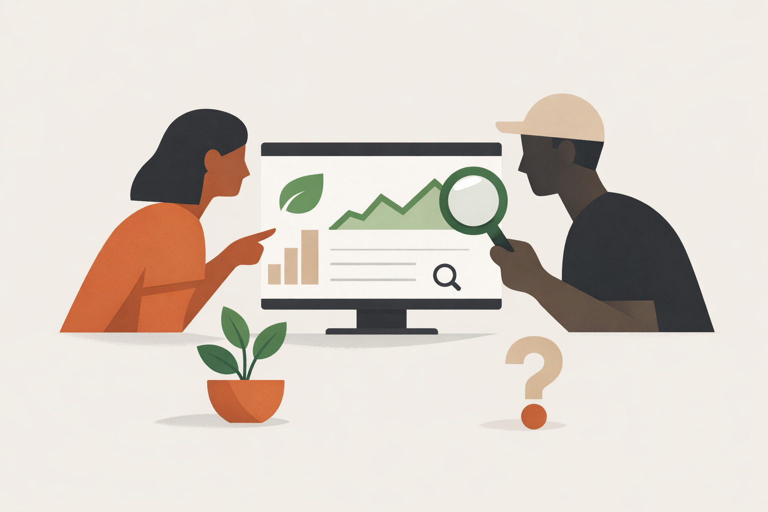 Magnifying glass over a website analytics dashboard showing organic traffic metrics and search performance data