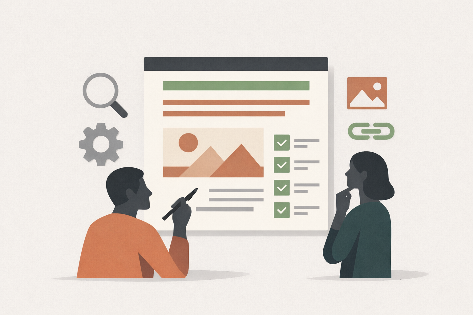 Checklist clipboard with SEO on-page elements like title tags, meta descriptions, and headers marked with checkboxes